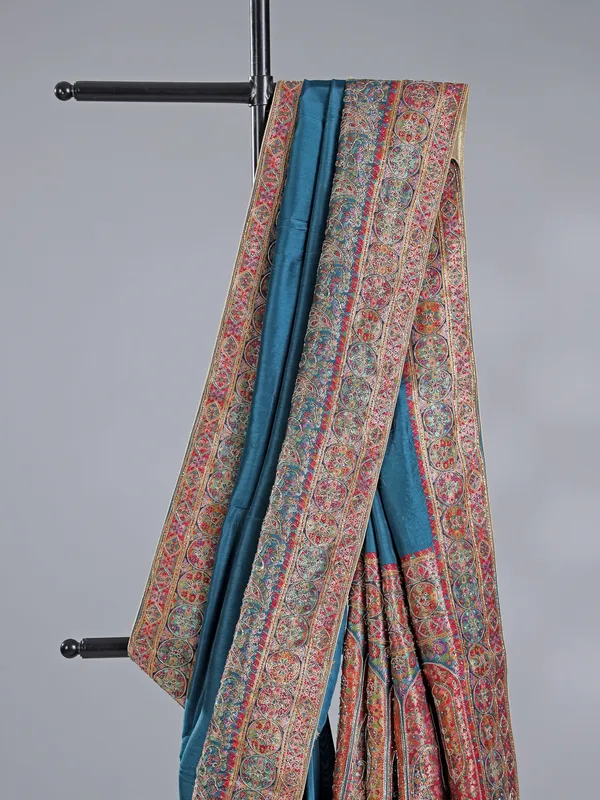 Rama blue pashmina silk saree for wedding wear