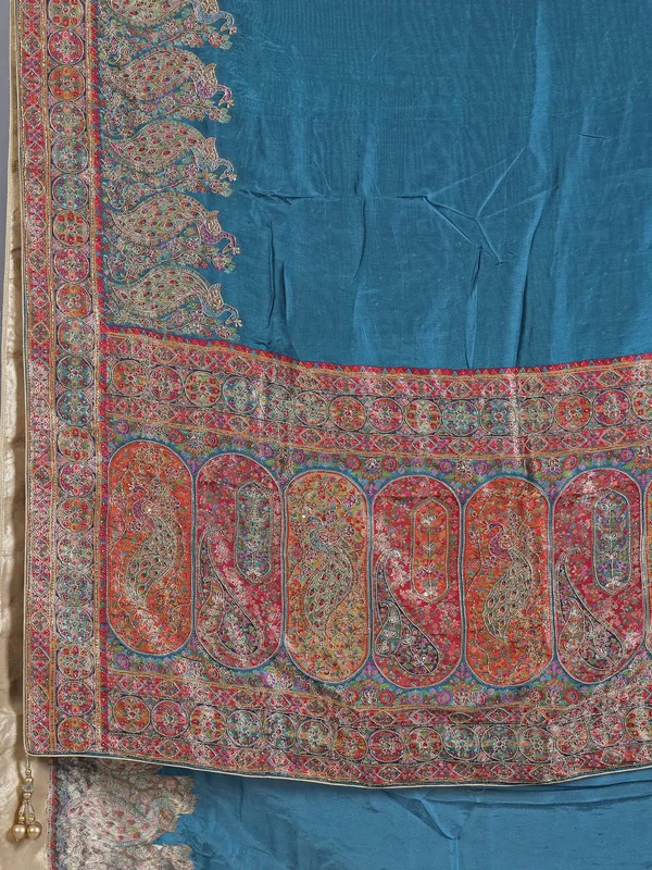 Rama blue pashmina silk saree for wedding wear