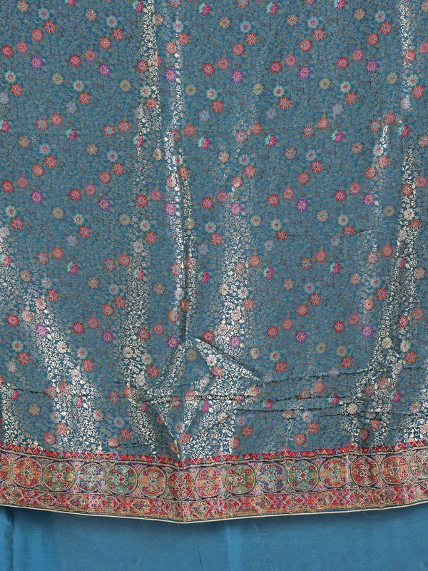 Rama blue pashmina silk saree for wedding wear