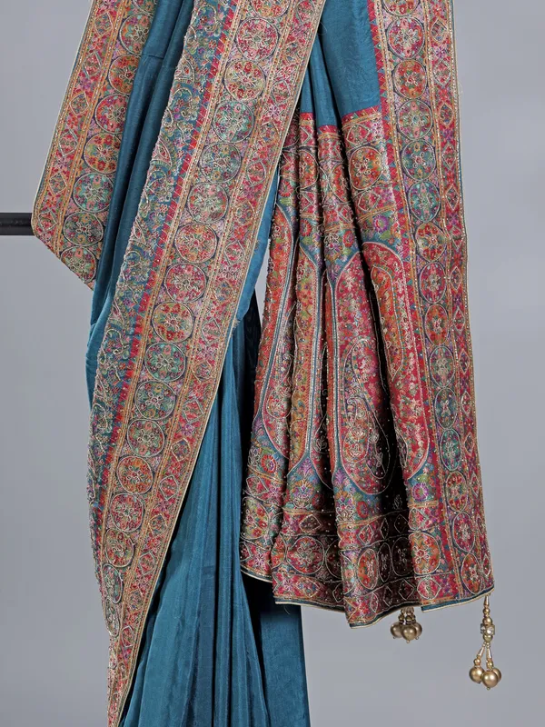 Rama blue pashmina silk saree for wedding wear