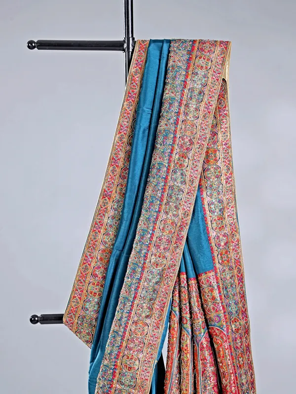Rama blue pashmina silk saree for wedding wear