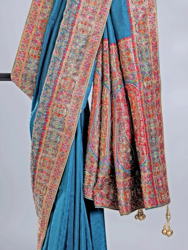 Rama blue pashmina silk saree for wedding wear
