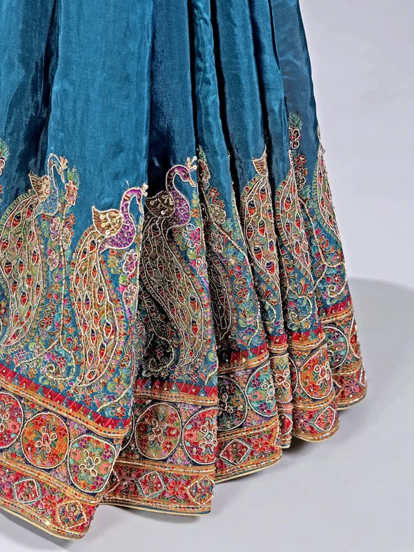 Rama blue pashmina silk saree for wedding wear