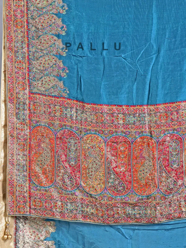 Rama blue pashmina silk saree for wedding wear