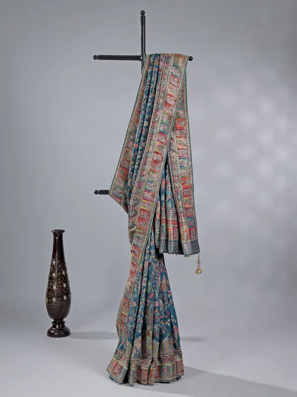Rama blue pashmina silk saree for weddings
