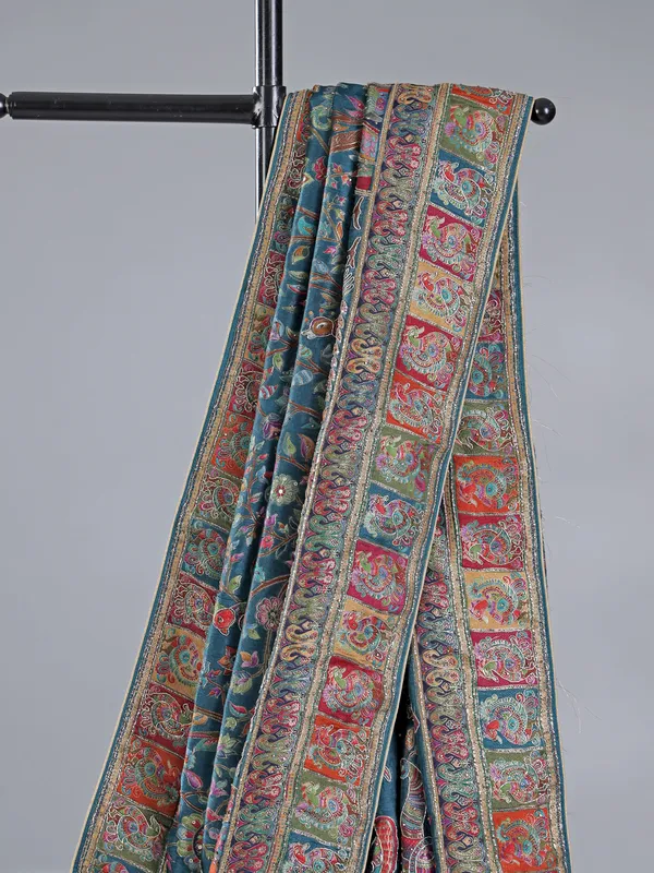 Rama blue pashmina silk saree for weddings