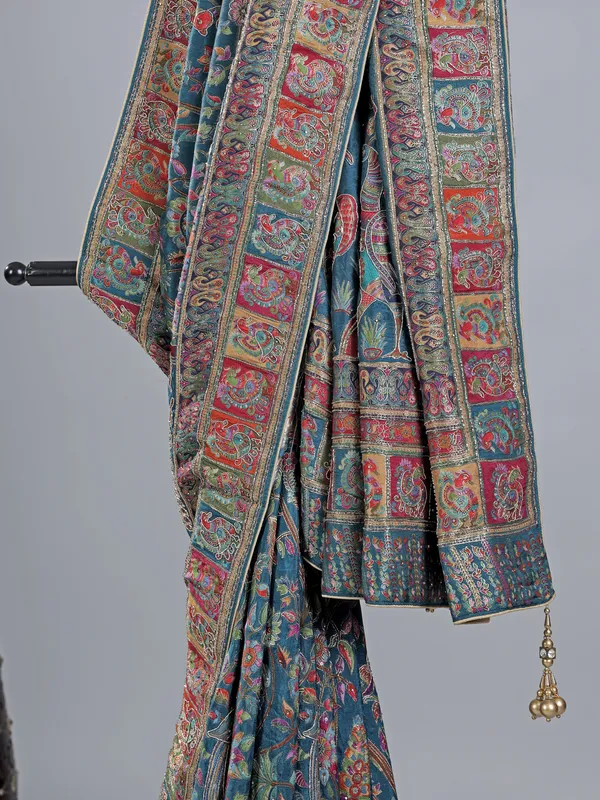 Rama blue pashmina silk saree for weddings
