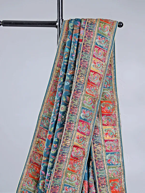 Rama blue pashmina silk saree for weddings