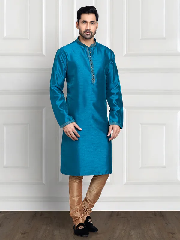 Rama blue plain cotton silk  Men Kurta pajama