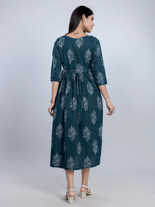 Rama blue printed cotton kurti for women