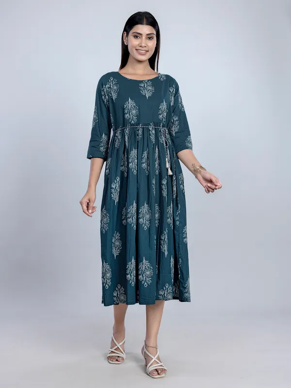 Rama blue printed cotton kurti for women