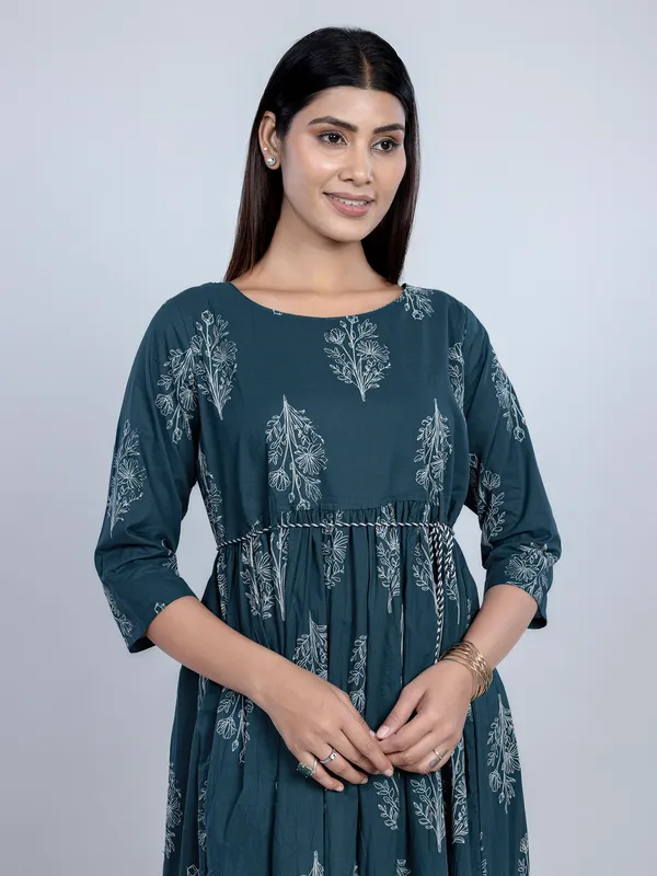 Rama blue printed cotton kurti for women