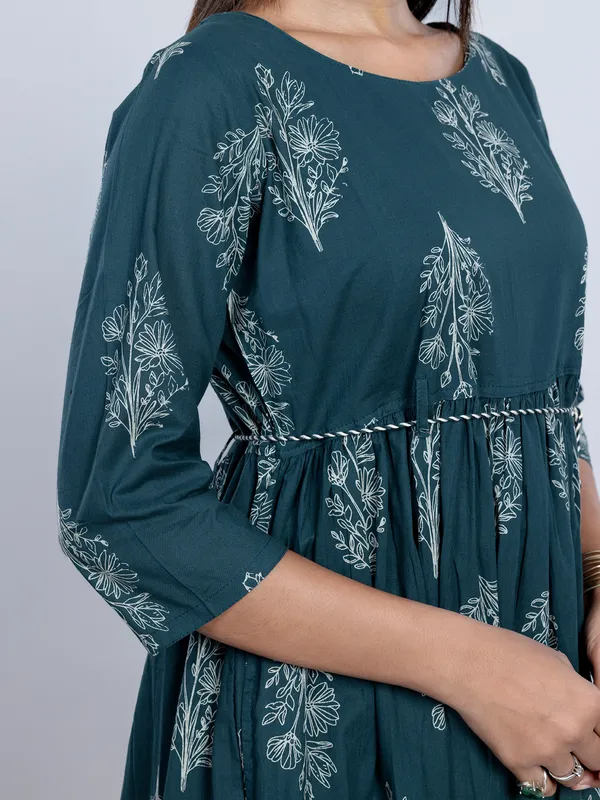 Rama blue printed cotton kurti for women