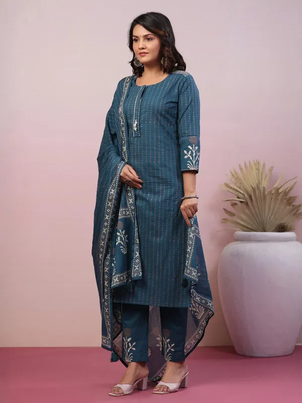 Rama blue printed cotton silk kurti set for women