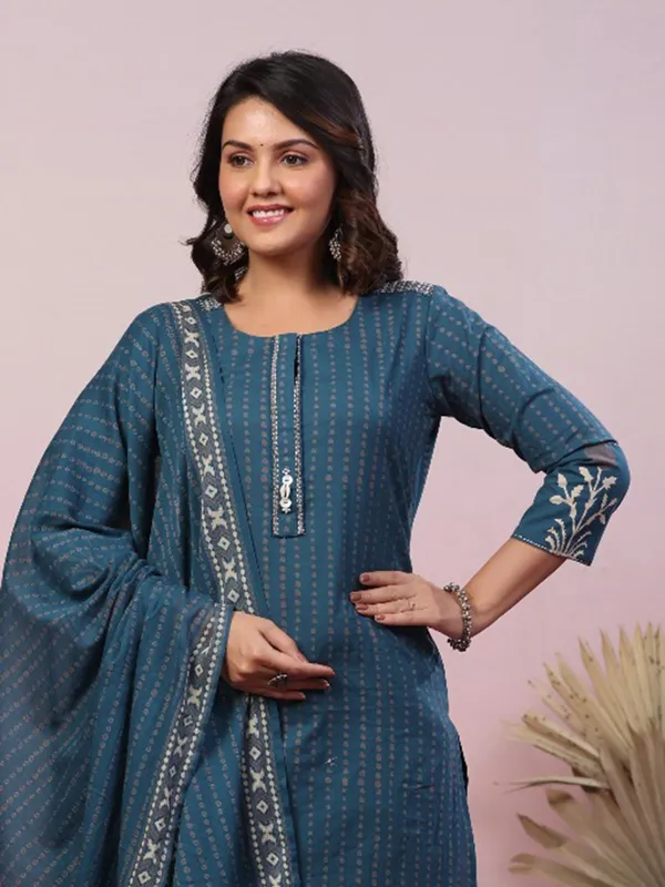 Rama blue printed cotton silk kurti set for women