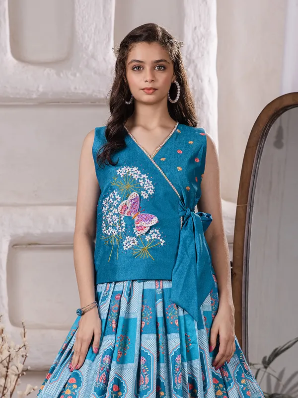 Rama blue printed cotton silk lehenga choli