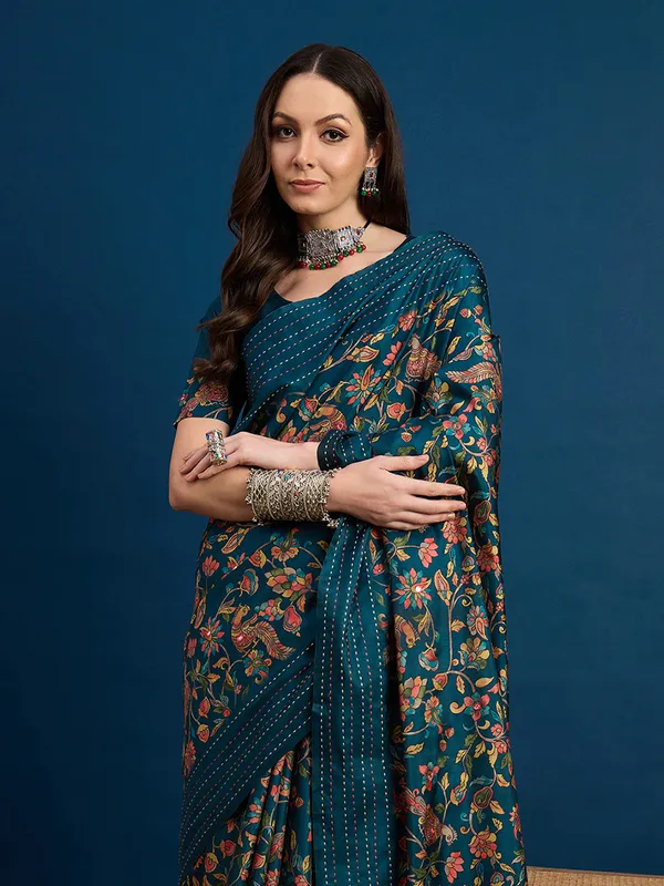 Rama blue printed cozi silk saree