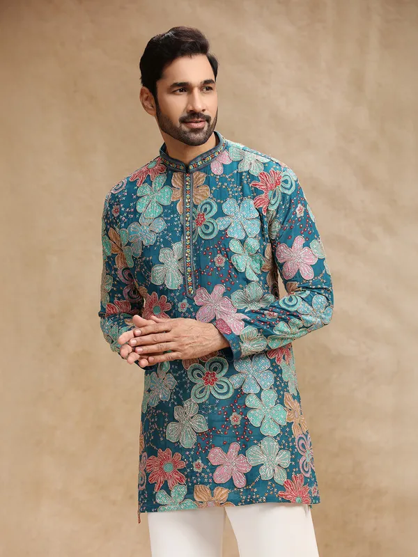 Rama blue printed crepe kurta suit