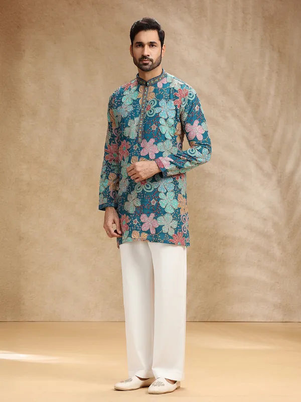 Rama blue printed crepe kurta suit
