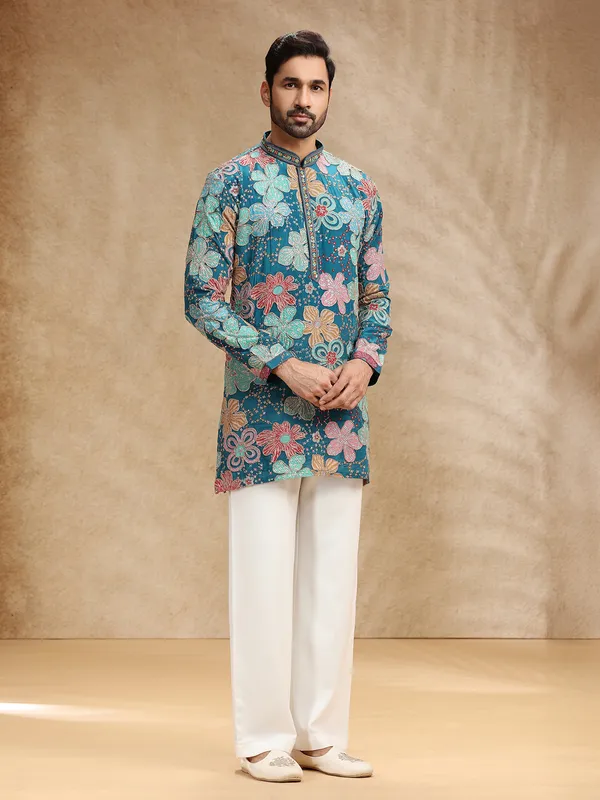 Rama blue printed crepe kurta suit