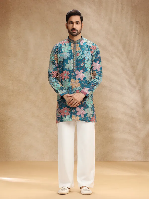 Rama blue printed crepe kurta suit