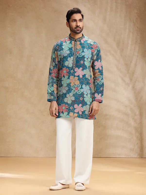 Rama blue printed crepe kurta suit