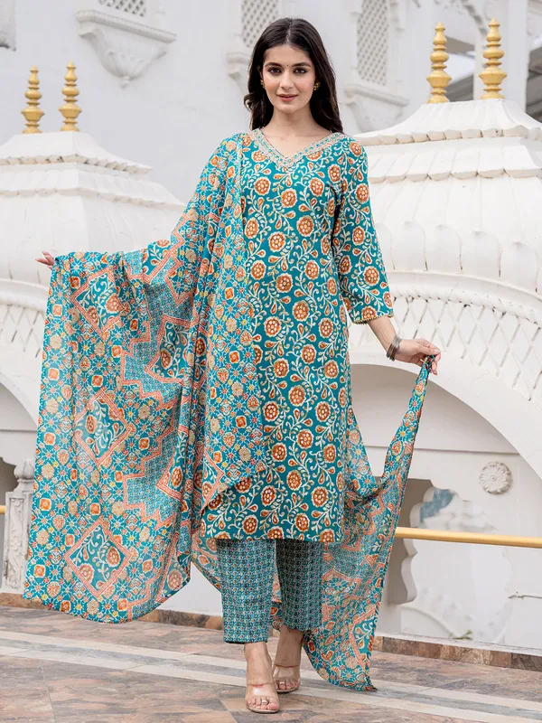 Rama blue printed kurti set with dupatta