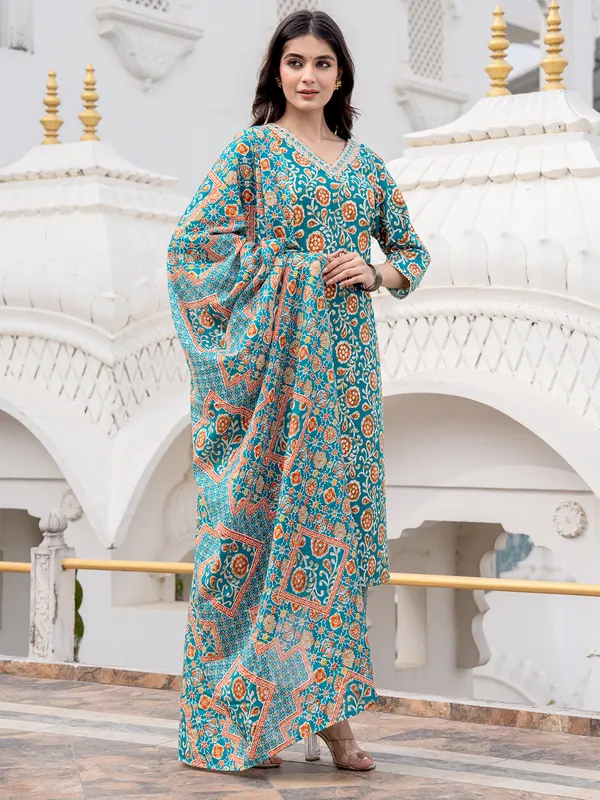 Rama blue printed kurti set with dupatta