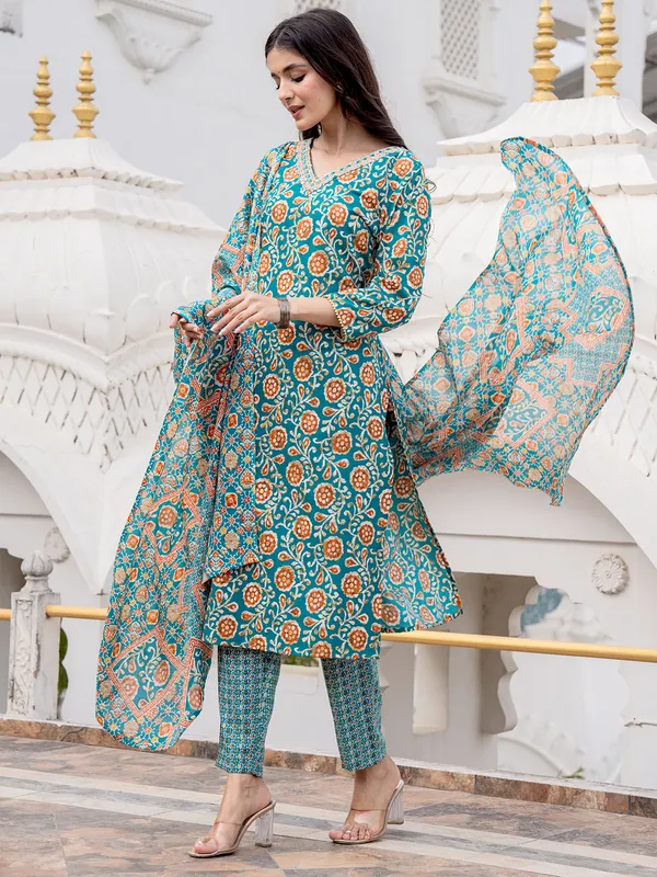 Rama blue printed kurti set with dupatta
