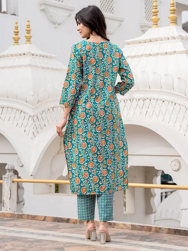 Rama blue printed kurti set with dupatta