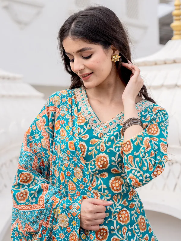 Rama blue printed kurti set with dupatta