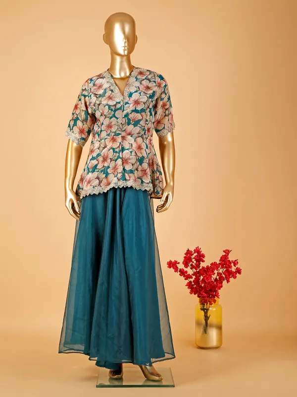 Rama blue printed organza palazzo suit