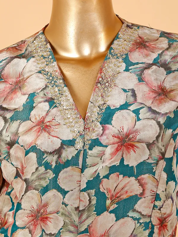 Rama blue printed organza palazzo suit