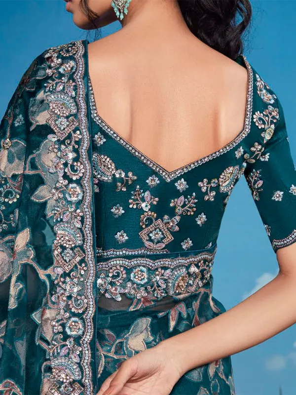 Rama blue printed organza saree