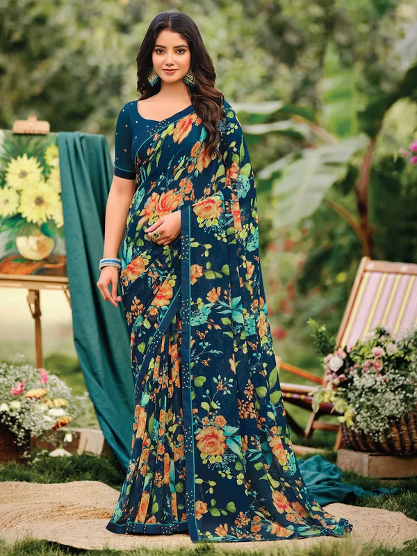 Rama blue printed saree in soft georgette