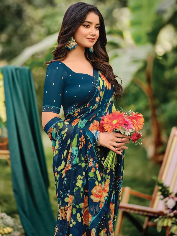 Rama blue printed saree in soft georgette