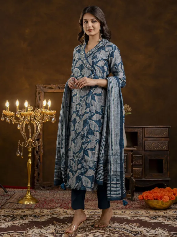 Rama blue printed silk kurti set