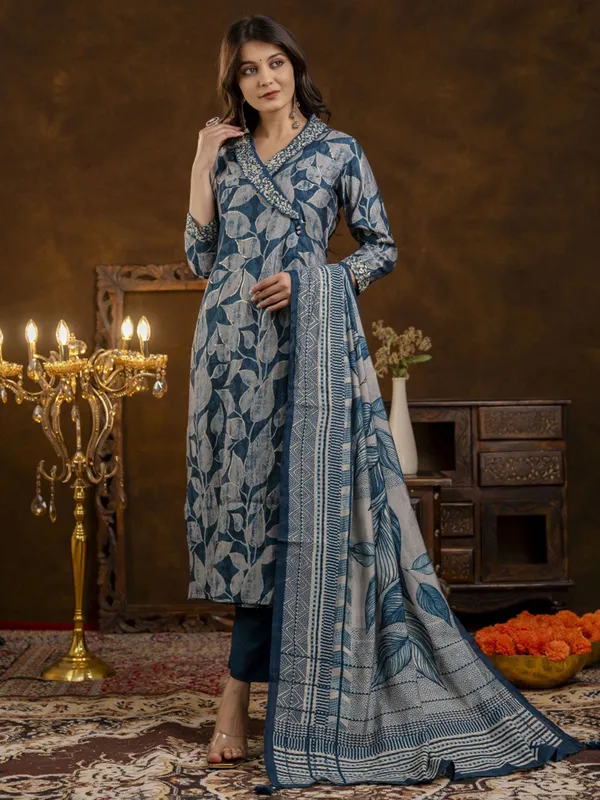 Rama blue printed silk kurti set