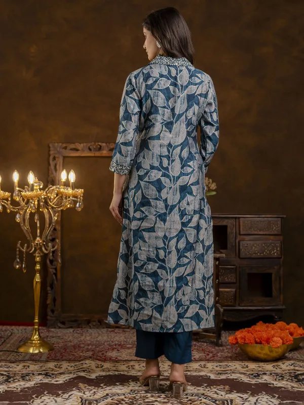Rama blue printed silk kurti set