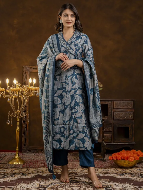 Rama blue printed silk kurti set