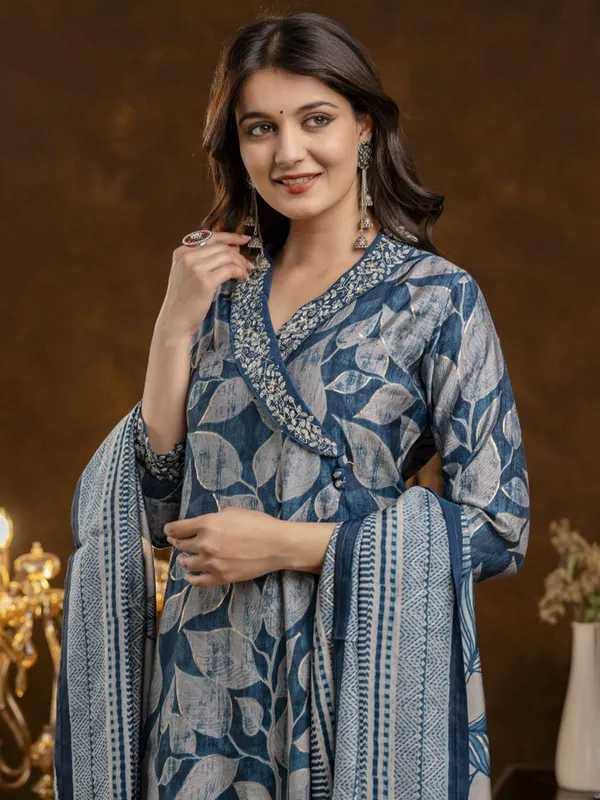 Rama blue printed silk kurti set
