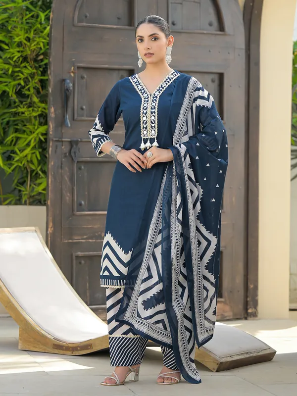 Rama blue printed silk kurti set for women