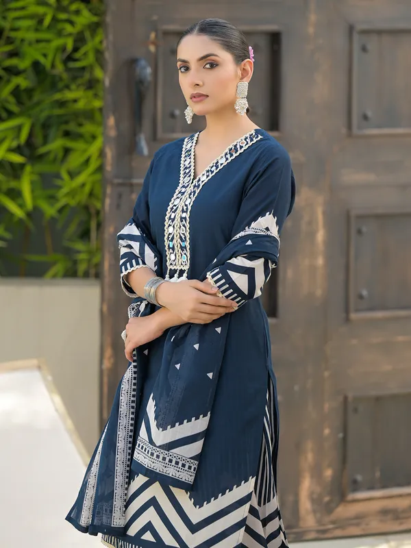 Rama blue printed silk kurti set for women