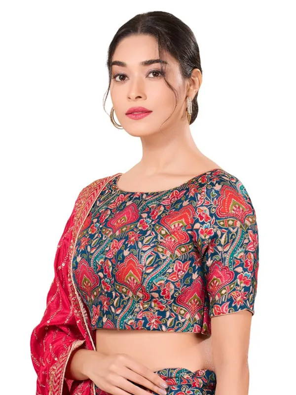 Rama blue printed silk ready made blouse