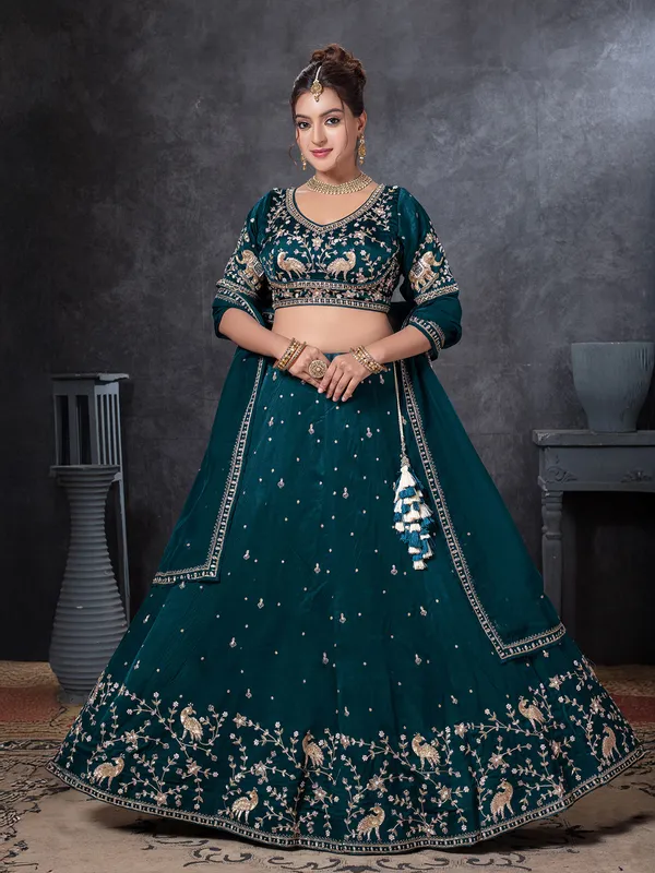 Rama blue raw silk lehenga choli with zardosi work