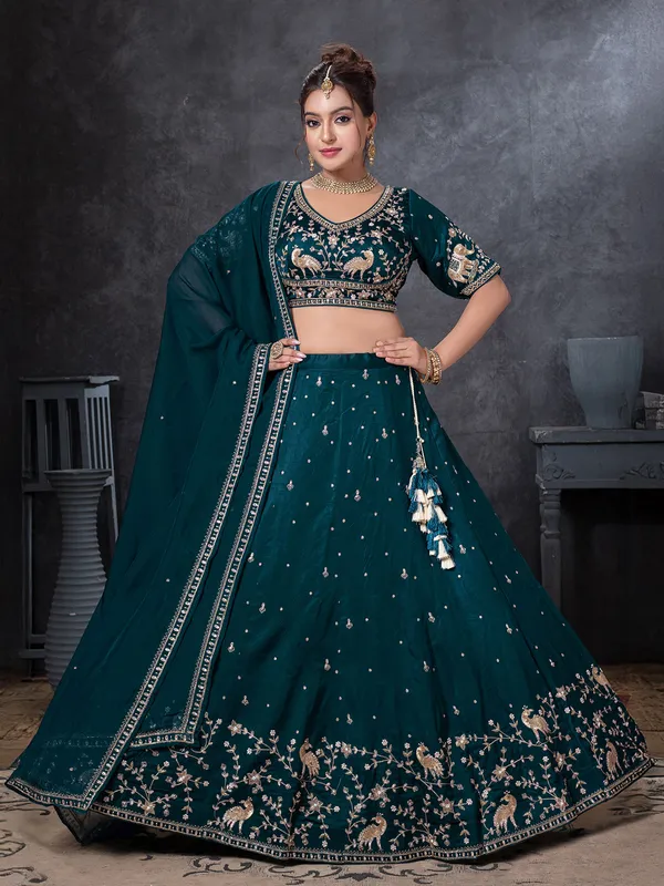 Rama blue raw silk lehenga choli with zardosi work