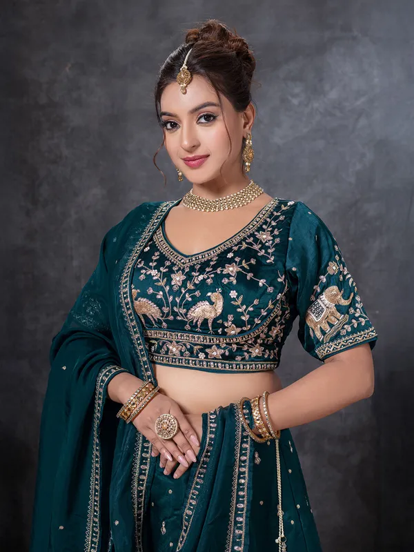 Rama blue raw silk lehenga choli with zardosi work