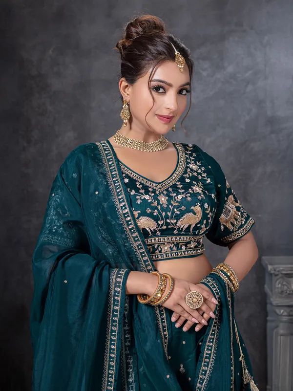 Rama blue raw silk lehenga choli with zardosi work