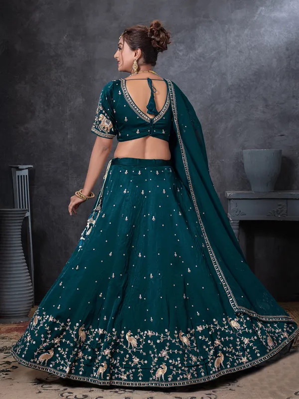 Rama blue raw silk lehenga choli with zardosi work