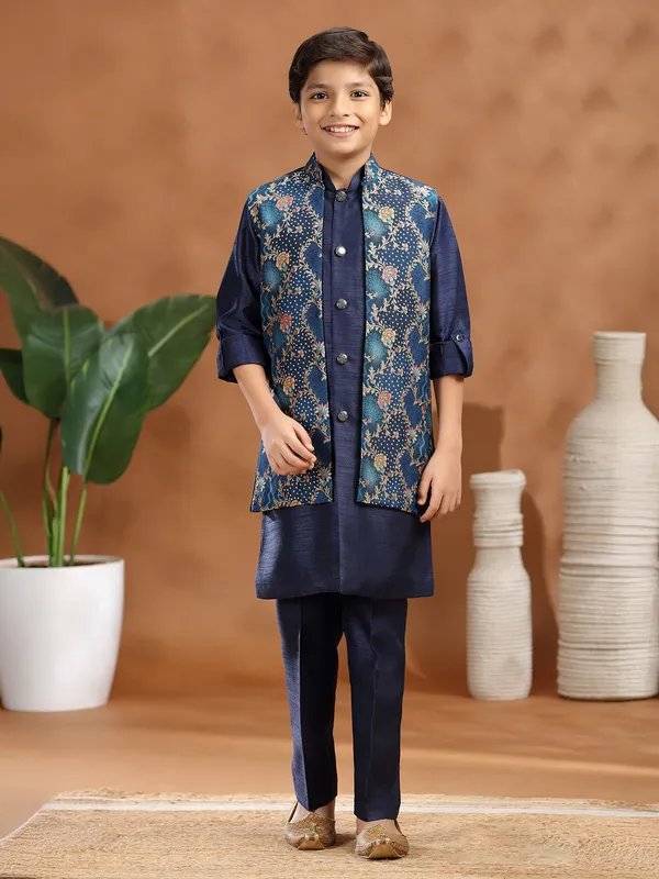 Rama blue raw silk zari weaving waistcoat set